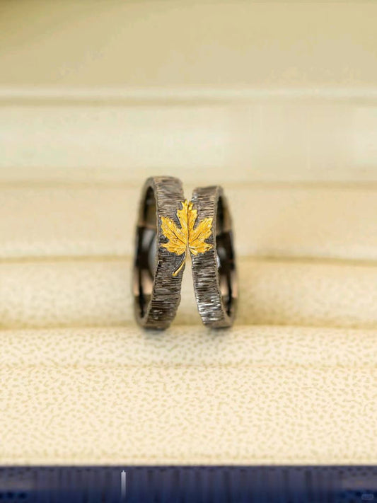 Golden maple leaf texture couple ring - attract happiness