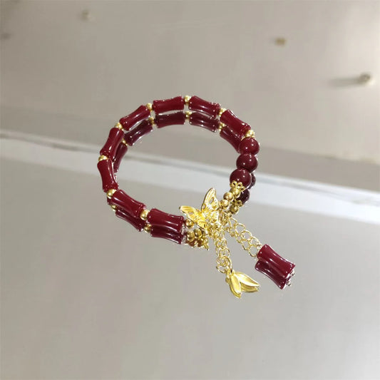 硃砂紅竹金蝴蝶流蘇福字手鍊