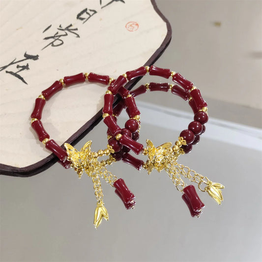 硃砂紅竹金蝴蝶流蘇福字手鍊