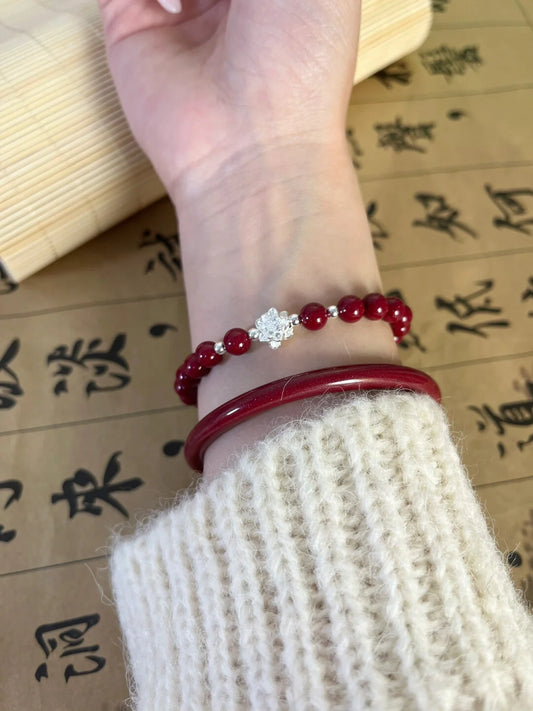 紅韻銀花吉祥硃砂手鍊