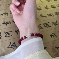 レッドリズムシルバーフラワー縁起の良い辰砂ブレスレット