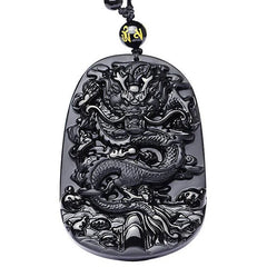 Natural Black Obsidian Dragon Necklace - Protection, Luck, Success